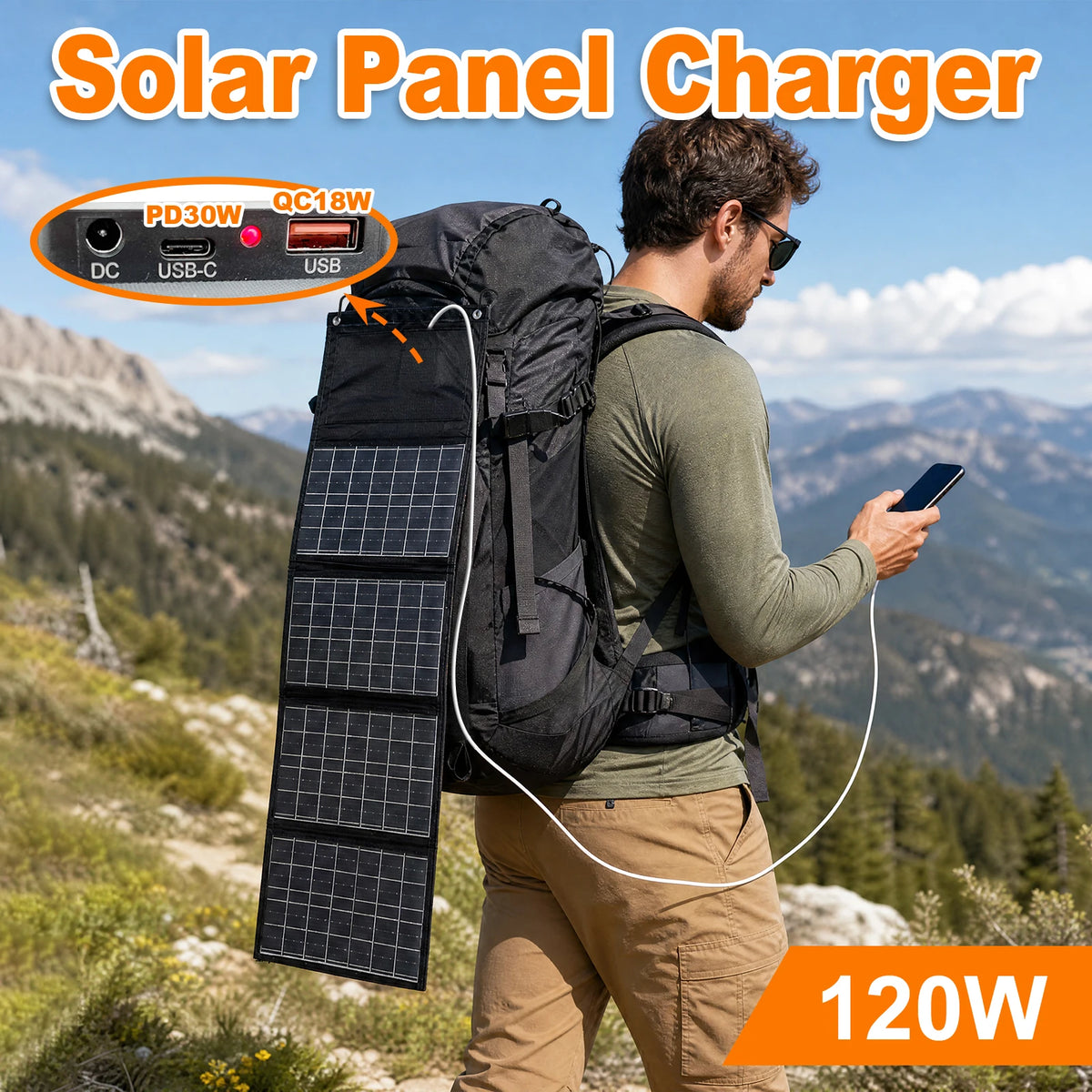 Leaorld 120W Solar Panel 12V Battery Charger, Foldable QC3.0 PD3.0 Solar Phone Fast Charger, Clips, Power Station, RVs, Camping