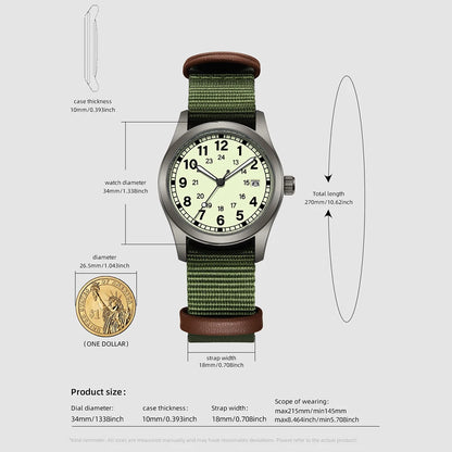 2026 TPW Women's Field Watch 34mm Case Easy Read Fabric Strap 24hr Display Day Function Quartz Movement Luminous
