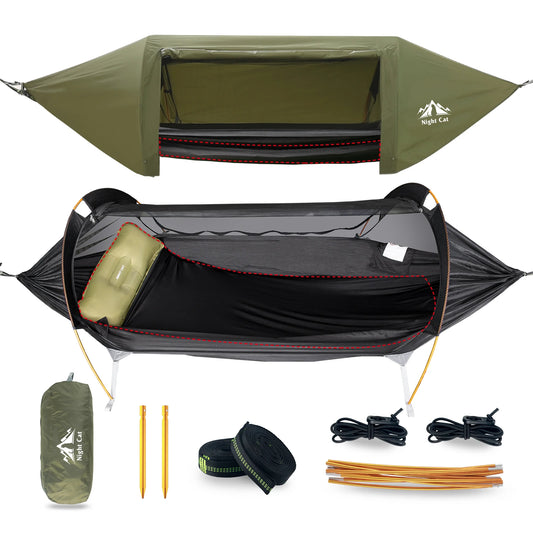 Hammock Solo Camping with Rain Fly and Bug Net Hammock Tent with Storage Pocket for Sleeping Pad Green/Camo