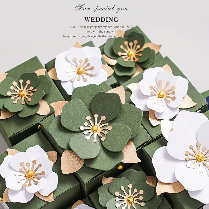 10pcs Forest Style Green Wedding Candy Box Square Three-dimensional Flower Box Packaging Gift Box Wedding Favors for Guests