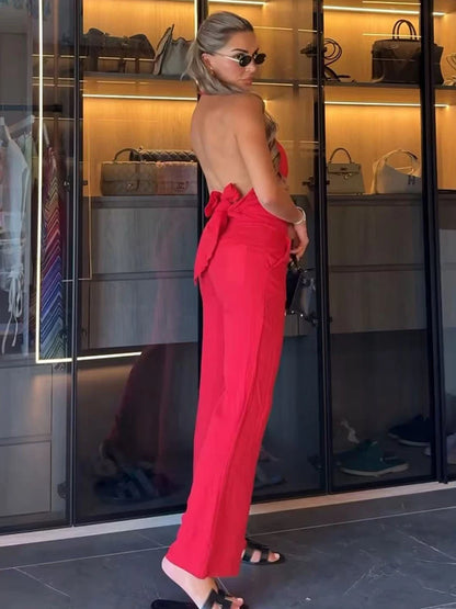 TFMLN Women's Red Ruffled Top Set Halter Crop Backless Sleeveless Top Chic High Waist Straight Trousers Outfit Fashion Sexy