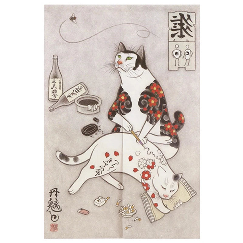 Japanese Ukiyo-e Tattoo Cat Noren Door Curtain Printed Doorway Curtain Kitchen Bedroom Entrance Decoration Hanging Half-Curtains