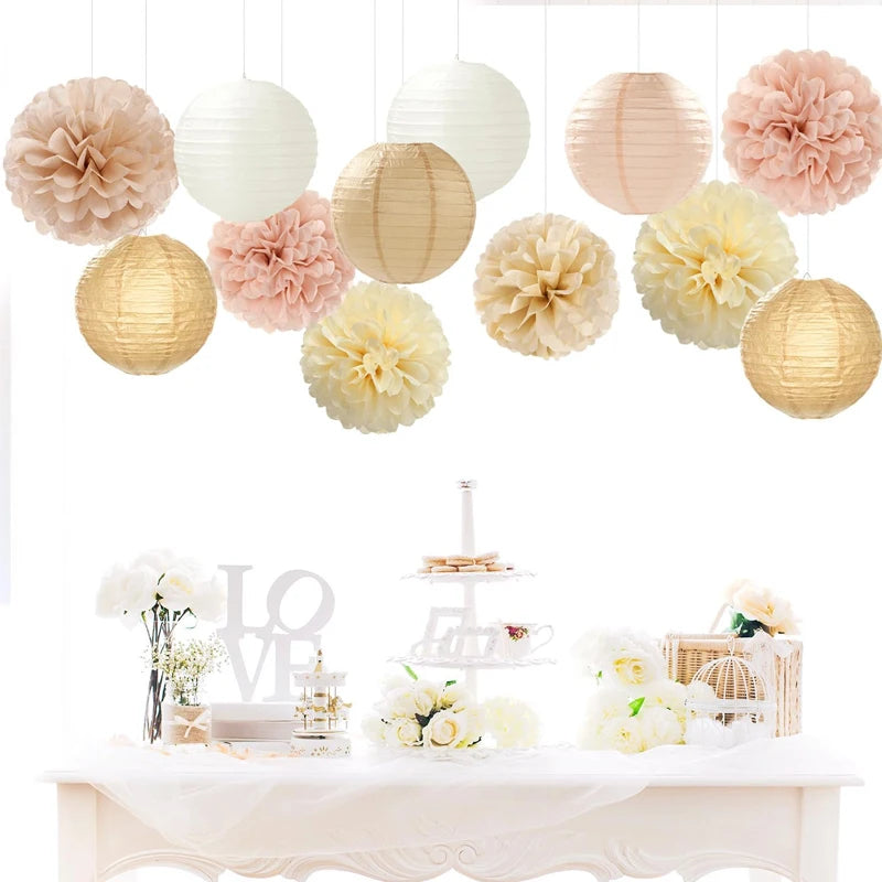 Champagne Gold and White Party Decorative Paper Flower Lanterns - 15 Pieces Bohemian Autumn Rustic Paper Tissue Pom-Poms with Ribbons, Wedding Baby Bridal Shower Unisex Autumn Birthday Hanging Decorations