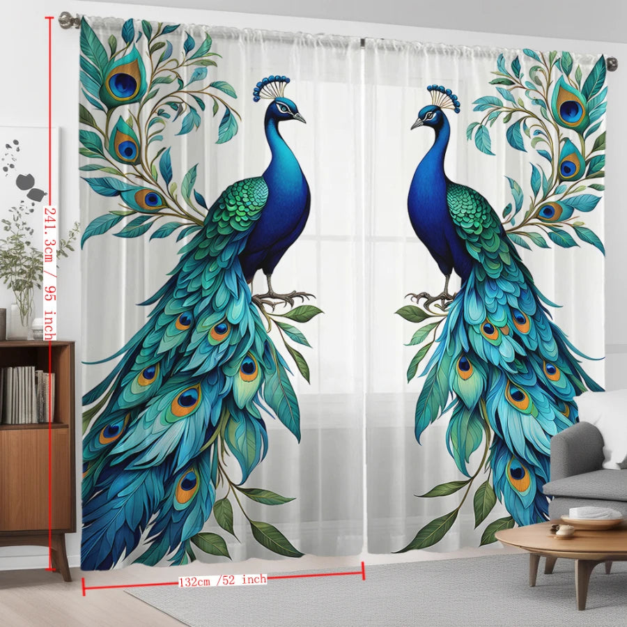 2PCS Digital Print Sheer Curtains, Symmetric Blue Peacock, Exotic Elegant Ornamental for Bedroom Living Room Home Decor