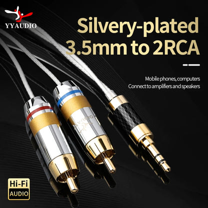 YYAUDIO Hifi 3.5mm to 2 RCA Cable Pure Silver Main Core Siver-plated Screening 3.5mm Jack to 2rca Male Aux Cable Hifi