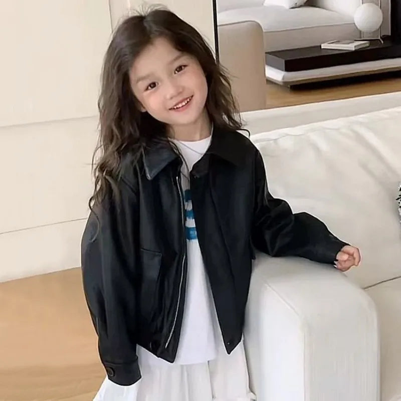 Children's Leather Jacket Spring Autumn New Style Boys Girls Korean Fashionable Biker Coat Kids Clothing