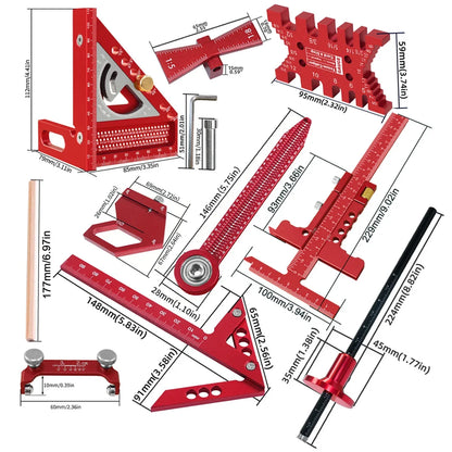 10pcs Woodworking Square Kit with Box, Aluminum Scribeing Ruler,Center Finder,Circular Drawing Compass,Honing Guide,Height Gauge