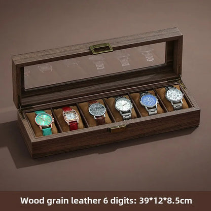 Luxury Wooden Grain Leather Watch Case High-Capacity Storage Multi-Watch Jewelry Organizer for Home