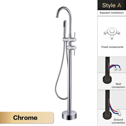 AITANA Luxury Black Brass Bathroom Faucet. Floor Standing Design with Simple 2 Handle Hot and Cold Bathtub and Dual-Mode Faucet
