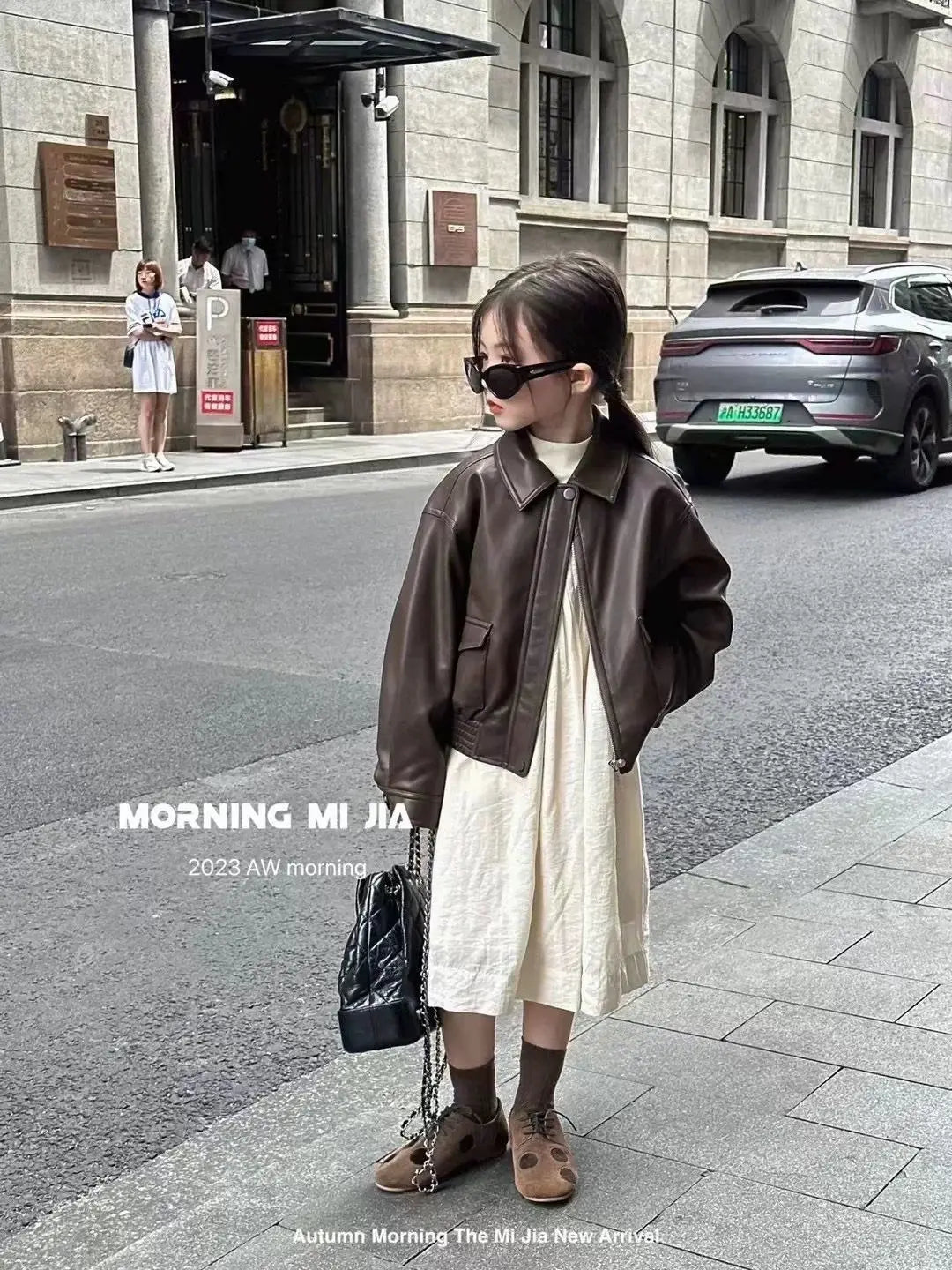 Children's Leather Jacket Spring Autumn New Style Boys Girls Korean Fashionable Biker Coat Kids Clothing