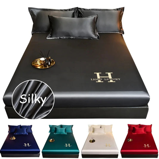 High-end Satin Fitted Sheet with Elastic Band Solid Color Silky Bed Sheet Smooth Non-Slip Mattress Cover Bedspreads Bed Linen