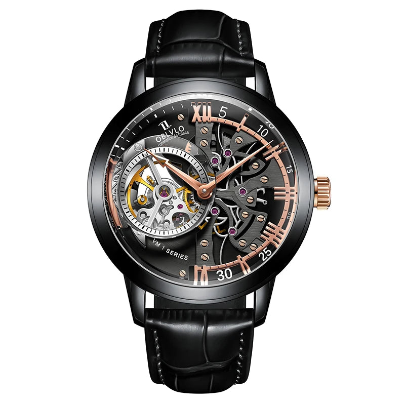 OBLVLO Luxury Retro 45mm Dial Skeleton Automatic Watches For Men Calfskin Strap Mineral Crystal Waterproof Mechanical Watch VM