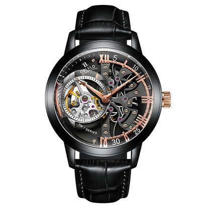 OBLVLO Luxury Retro 45mm Dial Skeleton Automatic Watches For Men Calfskin Strap Mineral Crystal Waterproof Mechanical Watch VM