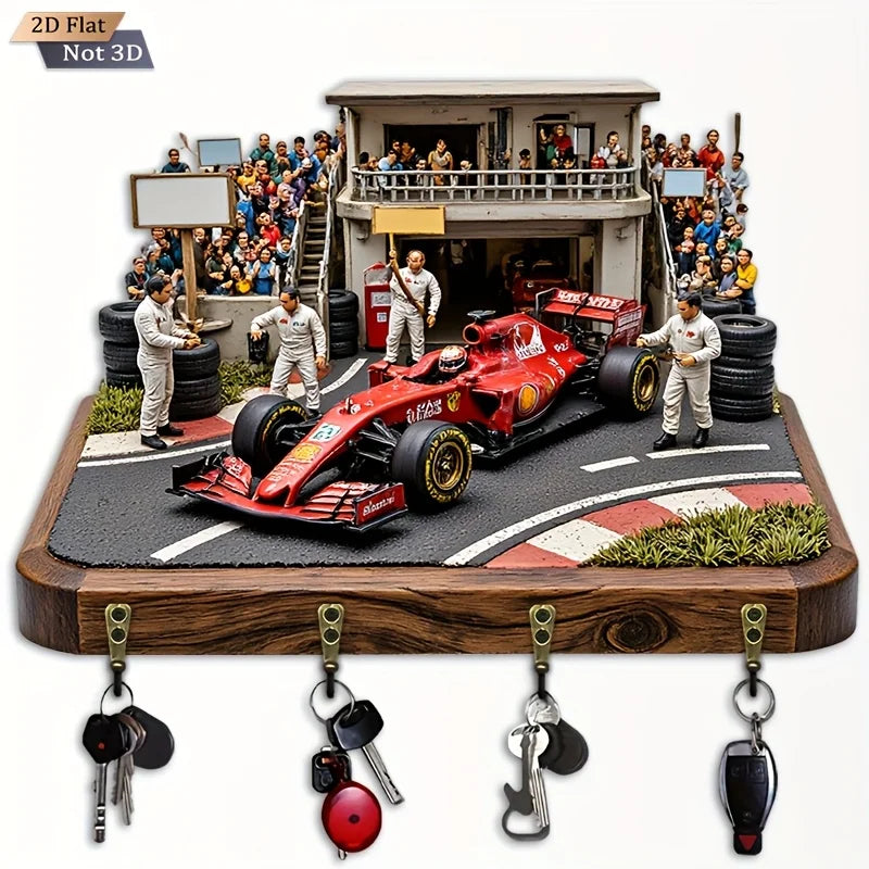 2D Flat. 1pc. Racing-Themed Key Hook - Multifunctional Decorative Key Rack, Equipped with Four Metal Hooks, Wall Decoration
