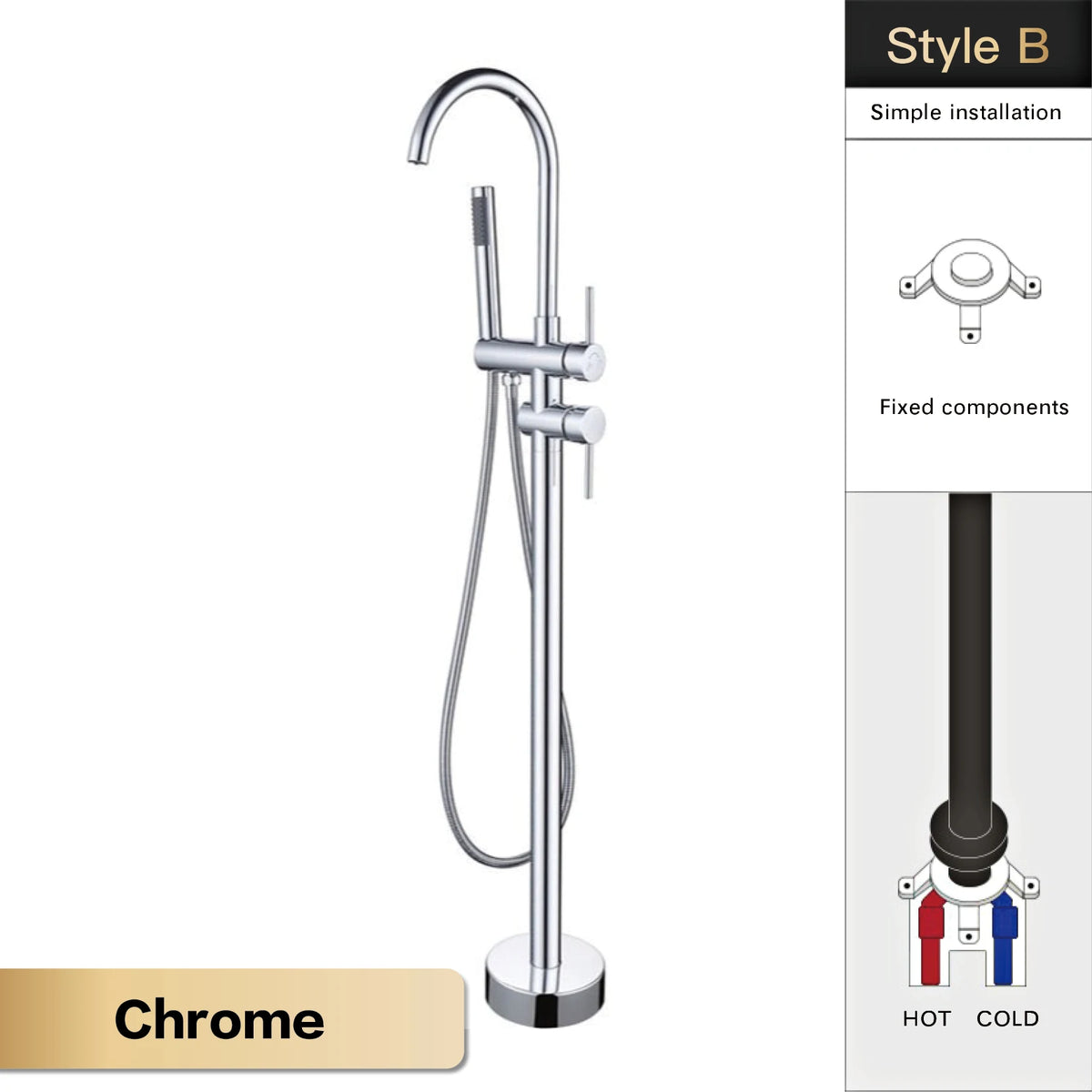AITANA Luxury Black Brass Bathroom Faucet. Floor Standing Design with Simple 2 Handle Hot and Cold Bathtub and Dual-Mode Faucet