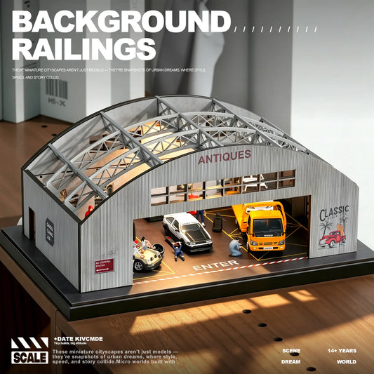 1/64 Diorama Carport and Garage Model Repair Workshop Building Parking Lot Model, 1/64 Scale Model Car Storage and Display Box