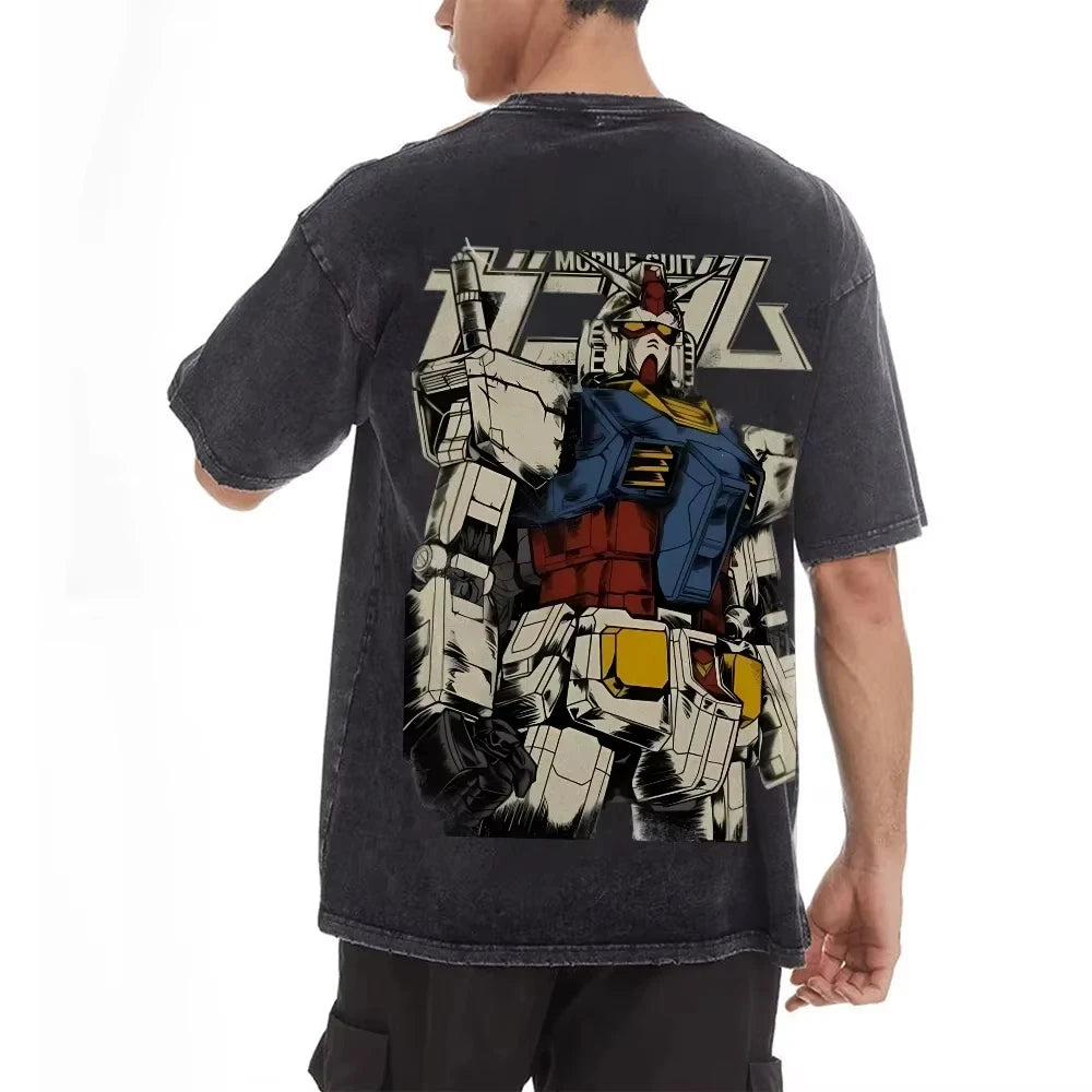 2026 Gundam Anime Printed T-shirt Men's and Women's Washed T-shirt High Quality Vintage Cotton T-shirt Harajuku Y2K Tops