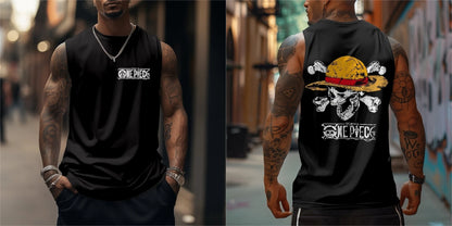 One Piece Men Vest Tank Top Straw Hat Pirates' Jolly Roger Summer Japanese Anime Spring and Autumn Sports Loose Sleeveless Top