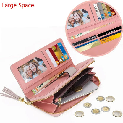 Pomelo Best Tri‑Color Women's Wallet PU Leather Long Zipper RFID Blocking Large Capacity 9 Card Slots Tassel Pendant Fits Phone