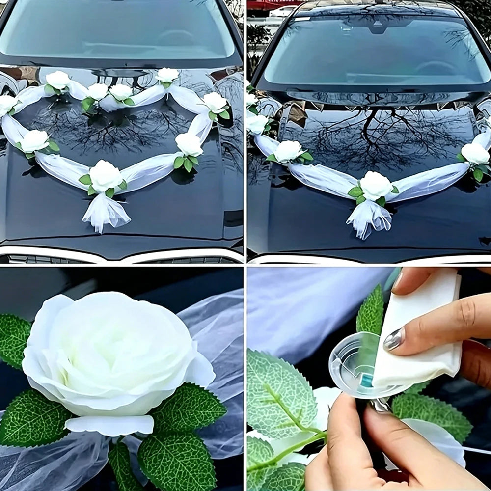 Wedding Car Decoration Set 9Pcs White Artificial Rose Flowers with 160cm Organza Ribbon Bridal Car Decor