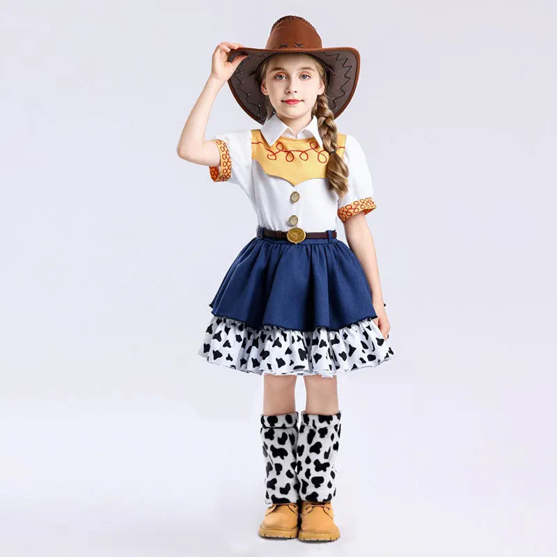 2026 Cool Girl Western Cowgirl Suit Double Layer Cow Print Skirt With Leg Warmers Kid Toy Party Movie Costume Fancy Jessie Dress
