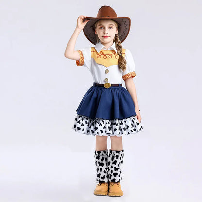 2026 Cool Girl Western Cowgirl Suit Double Layer Cow Print Skirt With Leg Warmers Kid Toy Party Movie Costume Fancy Jessie Dress
