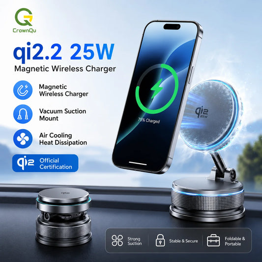 Qi2.2 25W Wireless Charger Cooling Magnetic Car Phone Holder 360° Rotatable Fast Charging for iPhone 17 16 15 Pro Max Stand