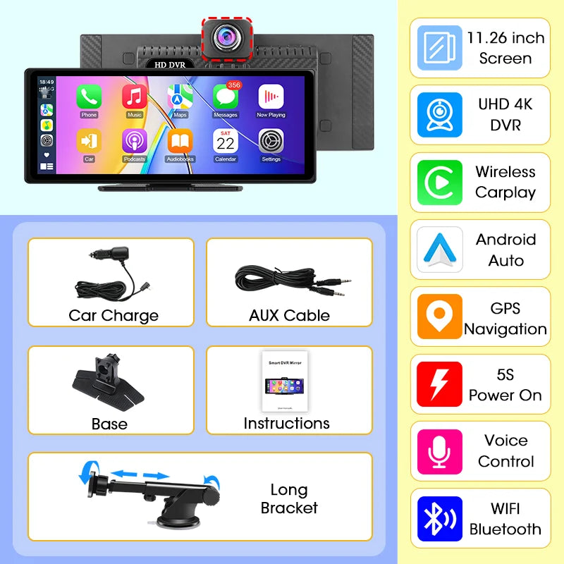 Develuck New 11.26'' 4K Car DVR Wireless CarPlay Android Auto Multimedia Player IPS Touch Screen Bluetooth Video Recorder FM AUX