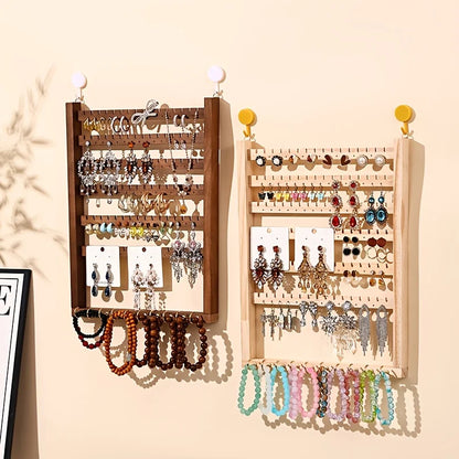 Multi-function Wooden Wall Hanging Rack, Jewelry Display Storage Holder & Key Hook for Home Entryway