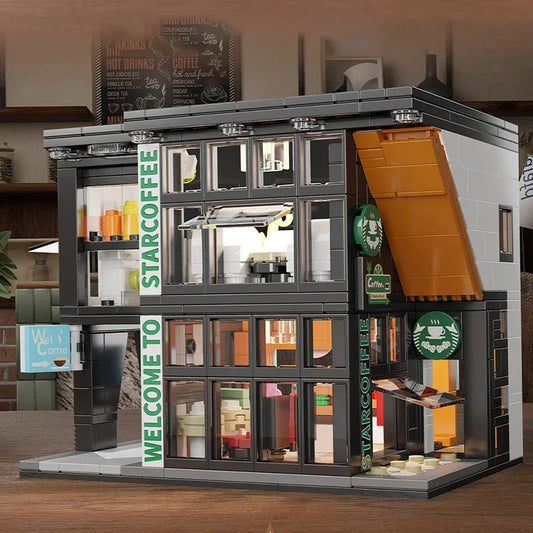 Coffee Shop City House Building Blocks Set for Adults, City Street View Construction Toy with Light, Christmas Kid Boy Girl Gift