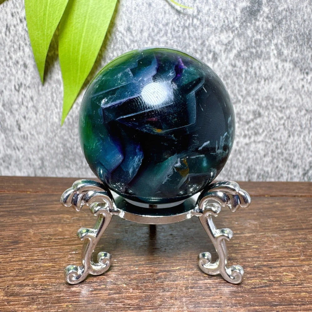 Natural Blue Snowflake Feather Fluorite Spheres Stone Healing Crystal Reiki Energy Home Scene Decorations Gifts+Stand