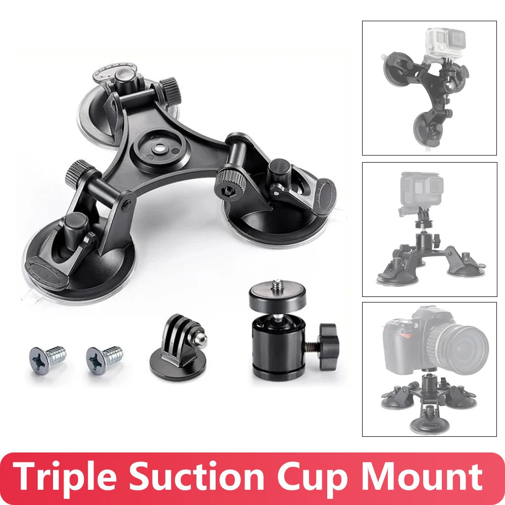 Tri-angle Suction Cup Mount Car Holder for Gopro Hero 13 12 11 10 9 8 Insta360 SJCAM AKASO DJI Osmo Action 6 5 PRO 4 Nano Camera