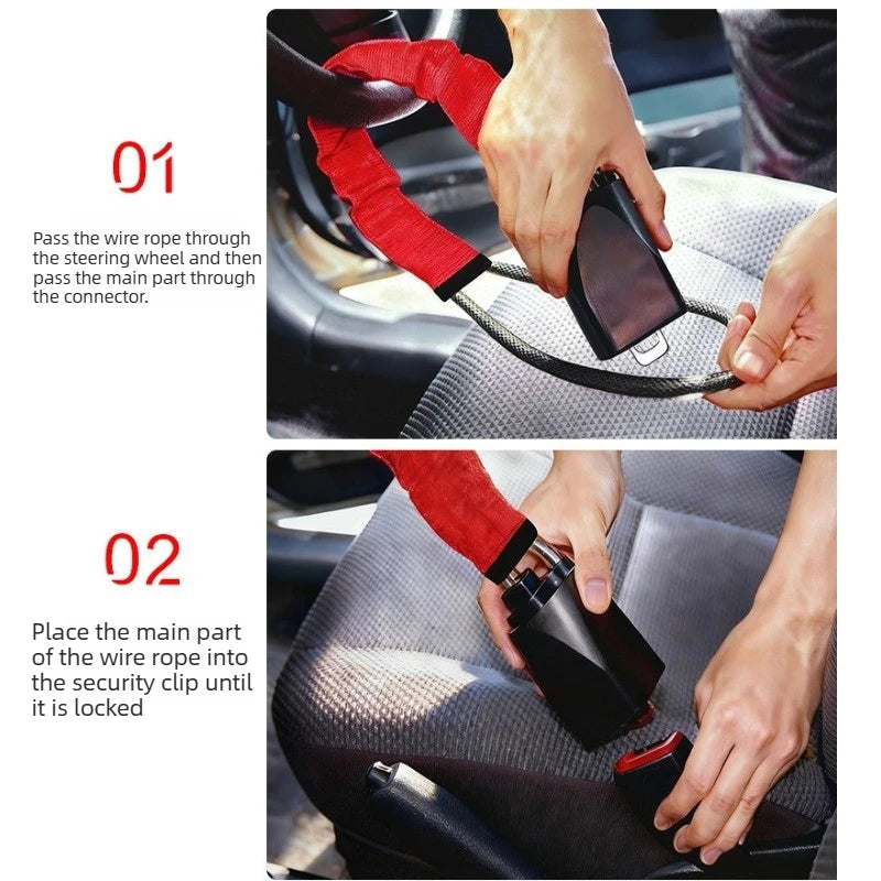 Universal Anti Theft Protection Device Car Steering Wheel Lock with Seat Belt Socket Steel Rope for Truck SUV Van RV with Keys