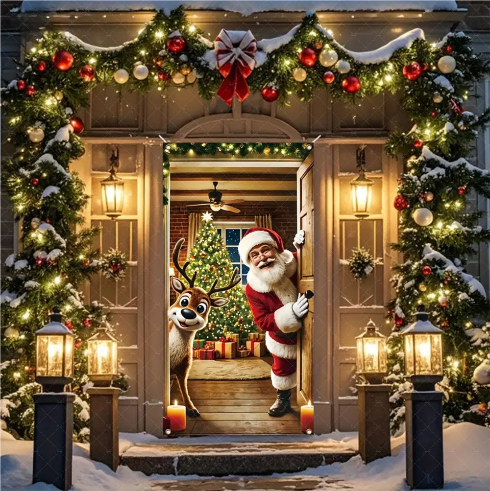 Christmas Theme Santa And Elk Backdrops Snowman Hanging Door Banner Indoor Outdoor Veranda Xmas Curtain Cover Festive Supplies