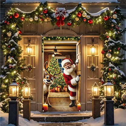 Christmas Theme Santa And Elk Backdrops Snowman Hanging Door Banner Indoor Outdoor Veranda Xmas Curtain Cover Festive Supplies