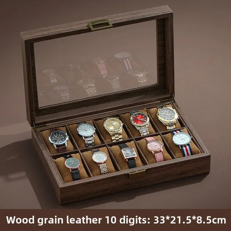 Luxury Wooden Grain Leather Watch Case High-Capacity Storage Multi-Watch Jewelry Organizer for Home
