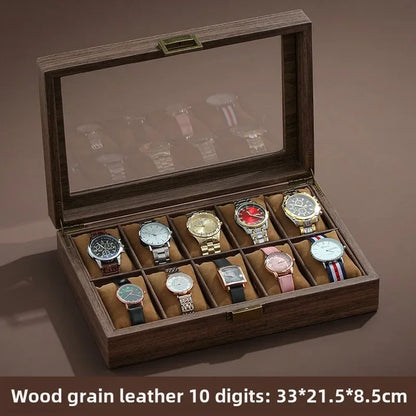 Luxury Wooden Grain Leather Watch Case High-Capacity Storage Multi-Watch Jewelry Organizer for Home