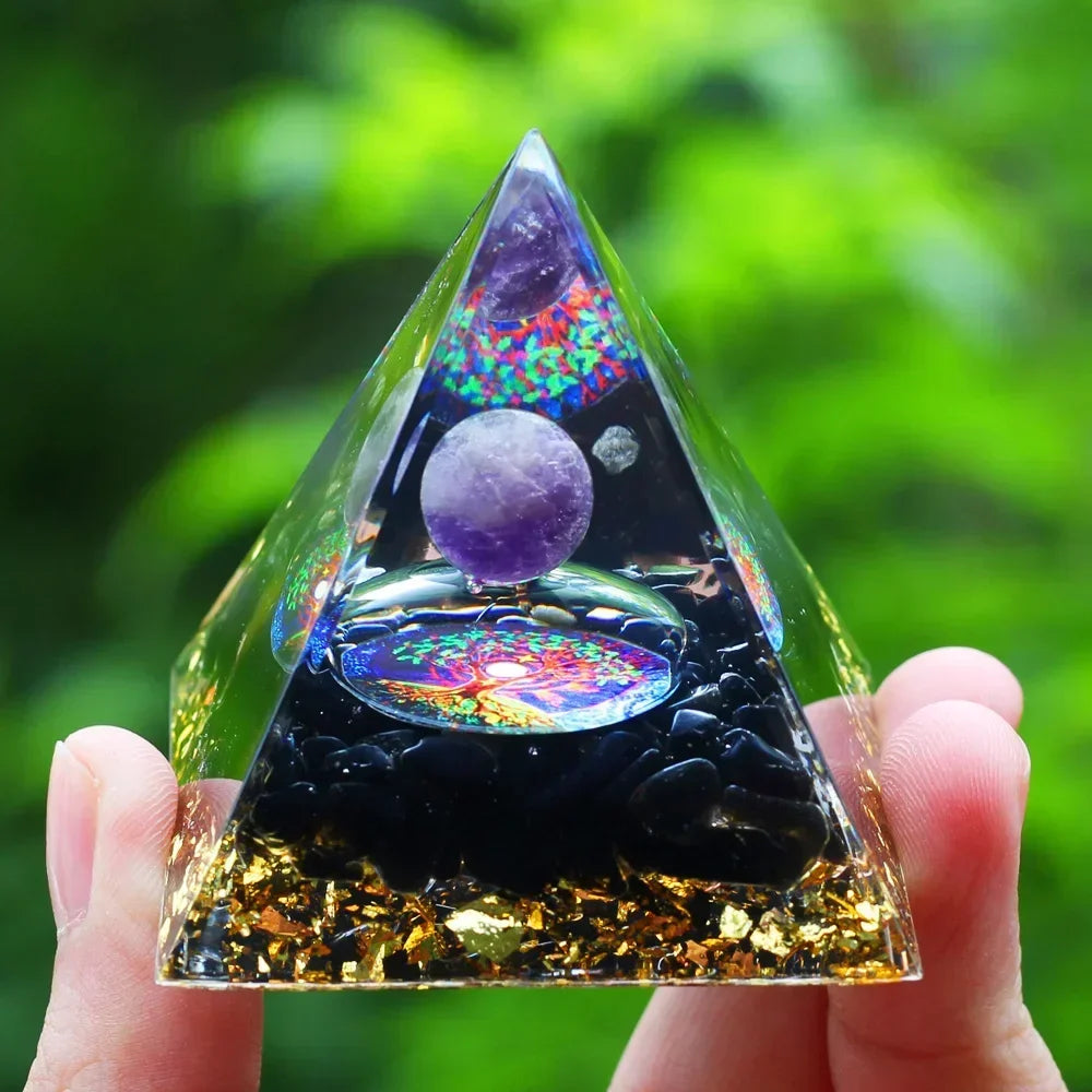 Energy Pyramid Orgonite Reiki Natural Amethyst Ball Healing Crystals Chakra Tool Ornaments Resin Stones Craft Kids Gift