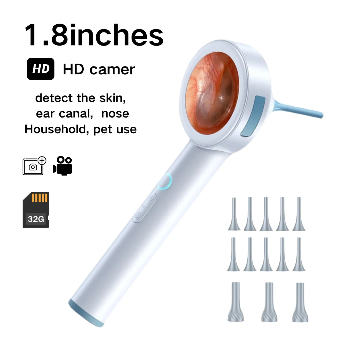 1.8’’ Screen Ear Camera Instant On/Record, Home & Pet Otoscope for Kids/Adults/Dogs/Cats, HD Visual Ear Cleaner