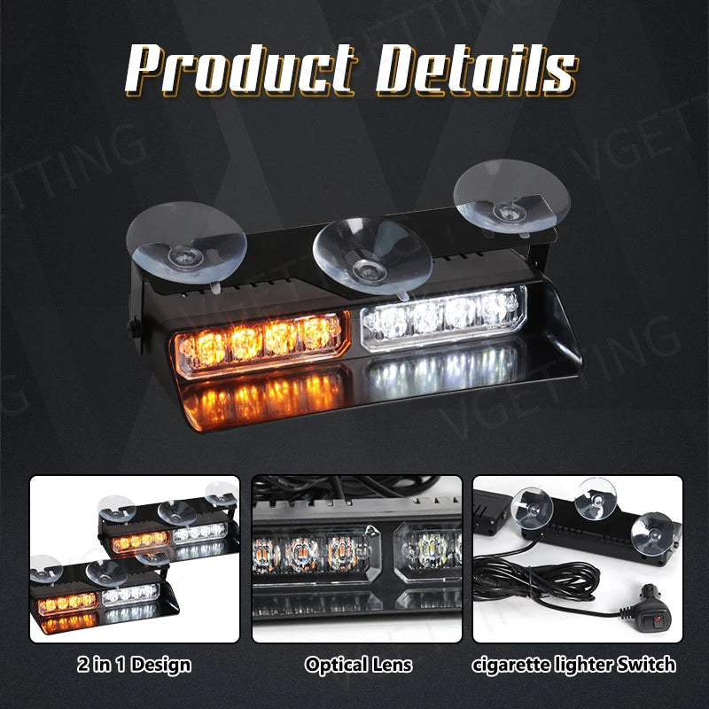 2-in-1 LED Car Front Strobe Lights For Flash Warning Lamp Windshield Bar 16 Beads Amber White Auto Light Assembly