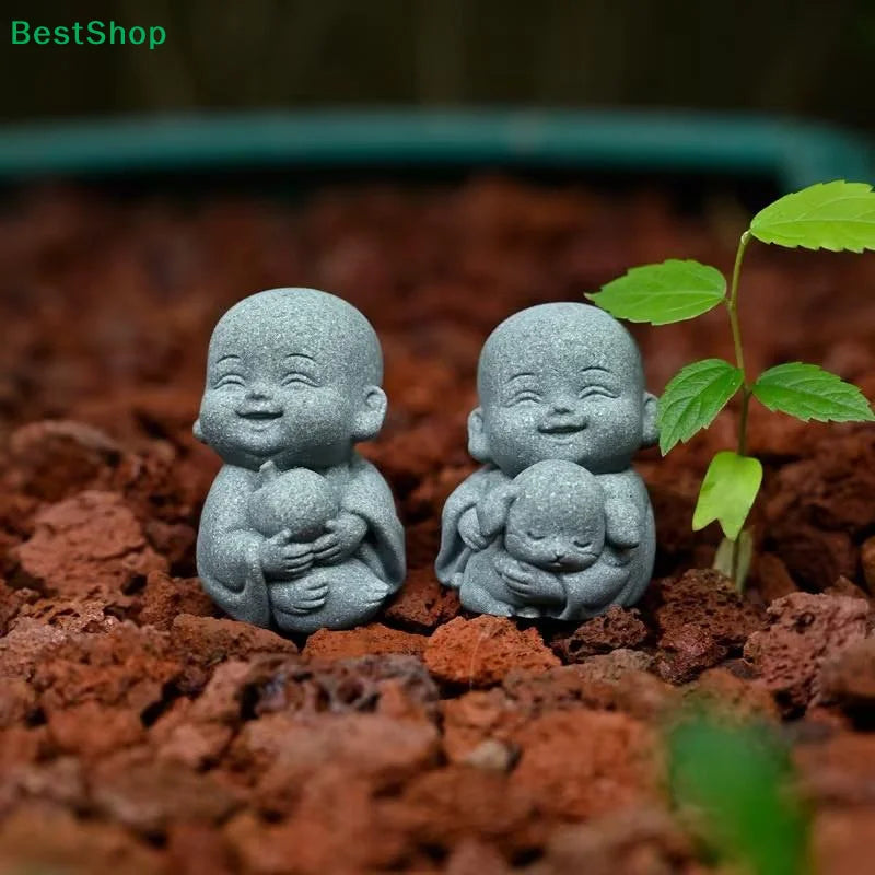 ♫Embracing Animal Monk Statue,Sandstone Finish Zen Baby Buddha Figurine,Mini Spiritual Decor for Home,Office & Garden