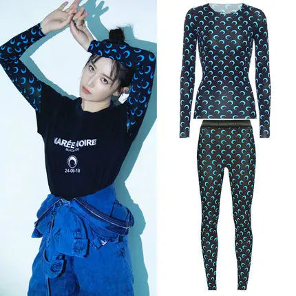 Ice Silk Two Piece Set Womens Sun Protection Clothes Long Sleeve Moon Print Top and Pants American Retro Sexy Autumn New