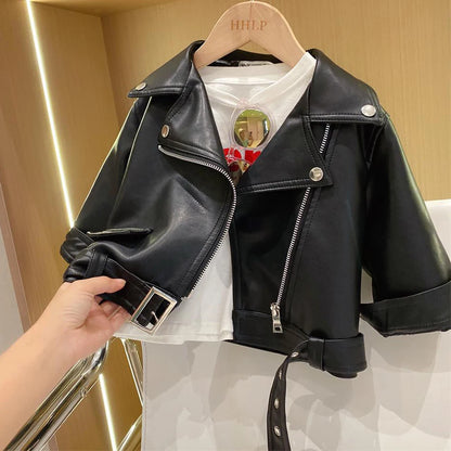 Motorcycle Girls Handsome Leather Jacket Spring Autumn New Short Style Lapel Zipper Coat For 2-8 Years Kids Fashion Pu Outerwear