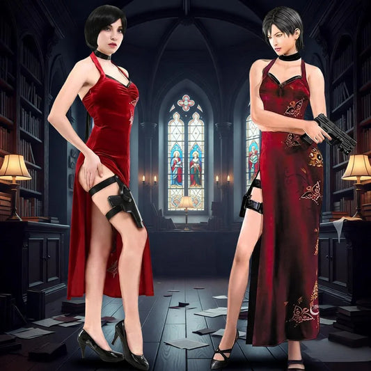 Ada Wong Cosplay Dress Uniform Halloween Christmas Costume Women Red Lace Cheongsam Lingerie Suit Movie Secret Service Outfits