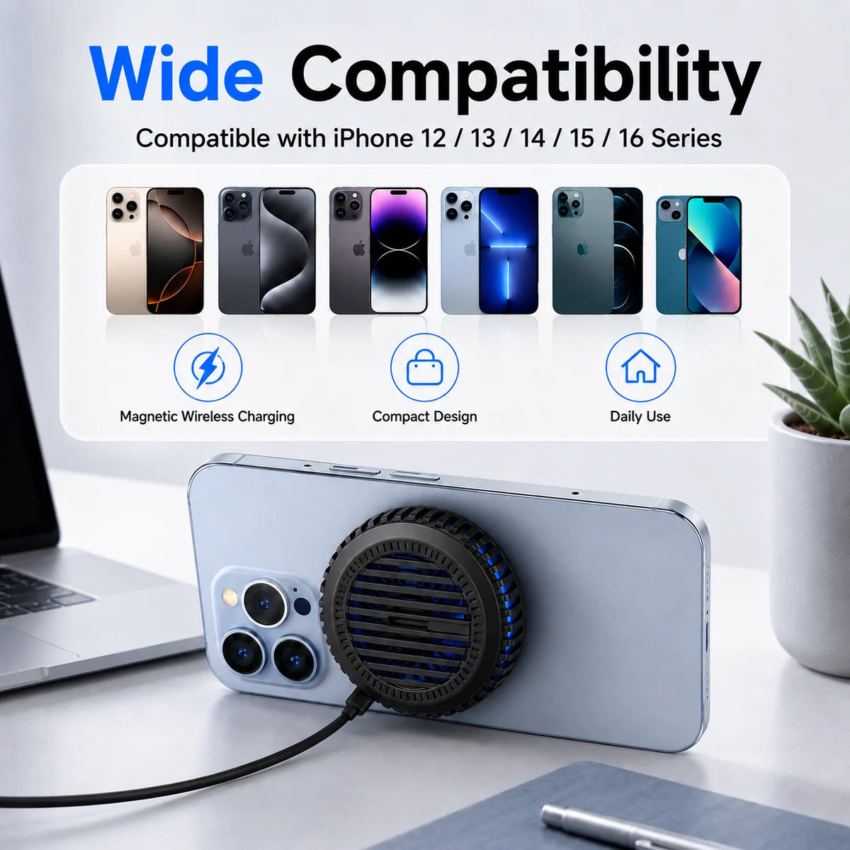 15W Magnetic Wireless Charger with Cooling Fan, Type C Pad for iPhone 17 16 15 14 and Samsung Galaxy S26 S25 with Magnetic Case