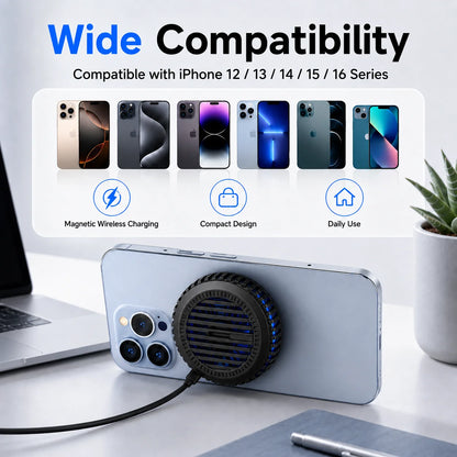 15W Magnetic Wireless Charger with Cooling Fan, Type C Pad for iPhone 17 16 15 14 and Samsung Galaxy S26 S25 with Magnetic Case
