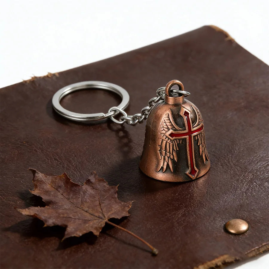 Punk Style Bell Keychain Metal Wing Cross Pendant Vintage Helmet Motorbike Rider Charm Bag Car Key Ring Gift