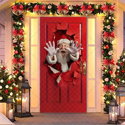 Christmas Humorous Santa Claus And Elk Door Banner Party Decorations Indoor Outdoor Veranda Door Cover Supplies Festive Gifts