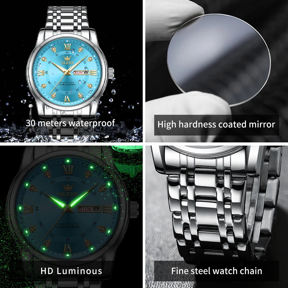 OLEVS 5513 Exclusive Original Quartz Watch for Men Diamond Roman Scale Waterproof Wristwatch Dual Calendar Stainless Steel Watch
