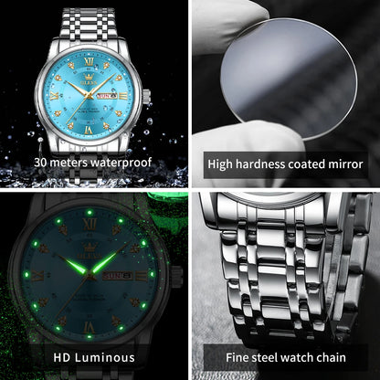 OLEVS 5513 Exclusive Original Quartz Watch for Men Diamond Roman Scale Waterproof Wristwatch Dual Calendar Stainless Steel Watch